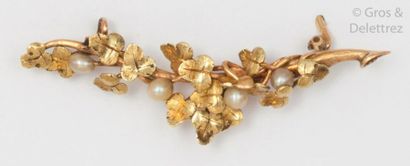 null Broche «?Barette?» en or jaune, ornée de perles et feuillages. Longueur?: 5cm....