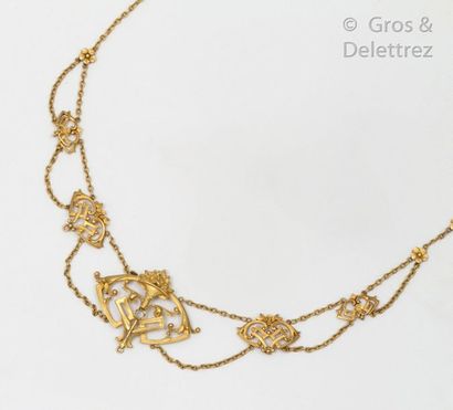 null Necklace " Colerette " in yellow gold, adorned with a central motif decorated...