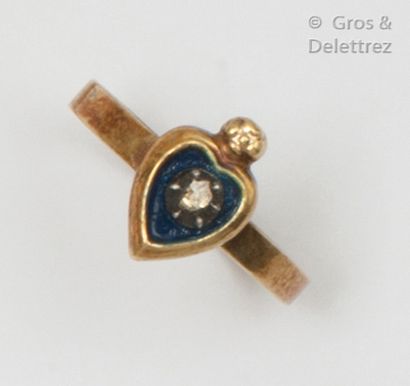 null Heart" ring in partially blue enamelled yellow gold, set with a rose-cut diamond....