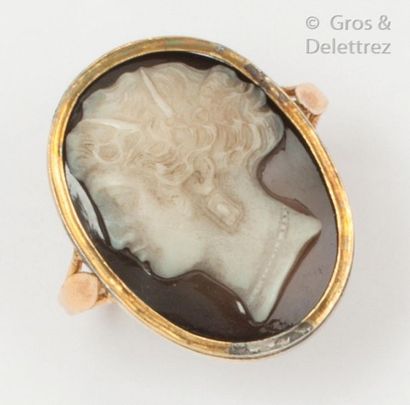 null Yellow gold ring set with an oval cameo on agate decorated with a decorated...