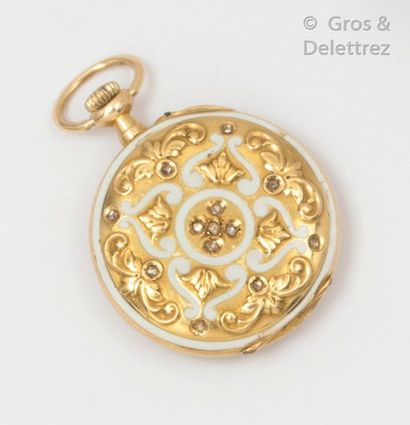 null Pocket watch in white enamelled yellow gold, set with rose-cut diamonds, gold...