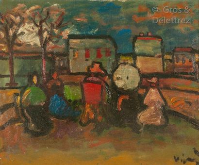 Sylvain VIGNY (1903-1970) Conversation sitting in the square and/or along the river

Oil...