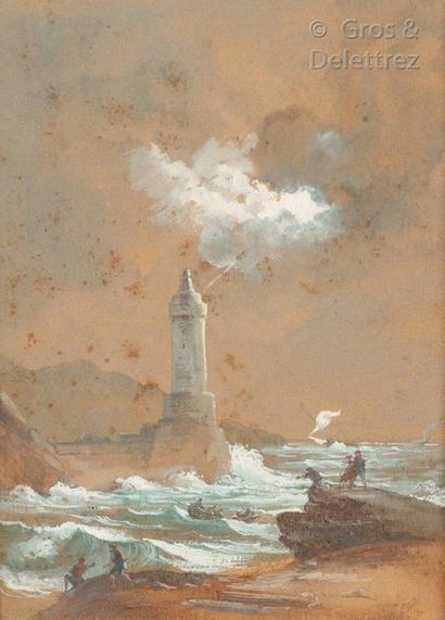 École du XIXe siècle. Raging sea at the foot of the lighthouse.

Watercolour and...