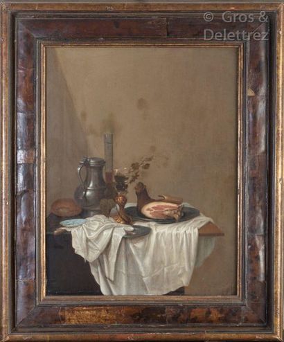 Gerrit Van VUCHT (1610 - 1697) Still life with ham dish, Römer door, pewter dish...