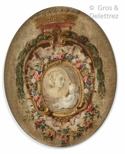 Dans le goût de LEPRINCE Putto holding the profile of a woman in a garland surmounted...