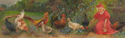 Emma Regis (1854- ?). Petite fille nourrissant des poules.

Huile sur panneau.

Signée...