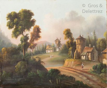Ecole du XIXe Animated landscape with mills.

Oil on canvas indistinctly signed PAGET...