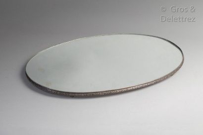 null Especially a table with a mirror bottom on wood core, silver frame decorated...