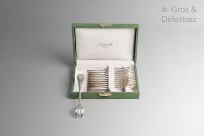 CHRISTOFLE. Suite 12 cake forks in silver plated metal in Louis XVI style with ribboned...