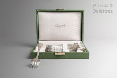 CHRISTOFLE. Suite 12 cake forks in silver plated metal in Louis XVI style with ribboned...