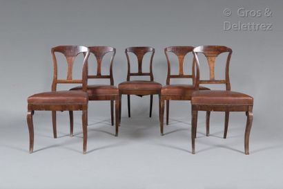 null Suite of five mahogany veneered chairs, openwork backrests with board, front...