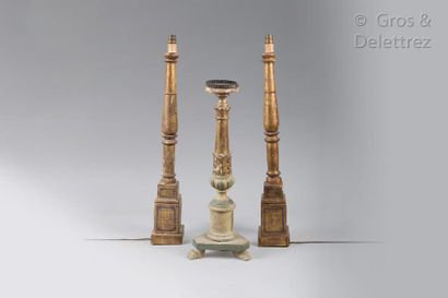 null Pair of square section lamp bases in gilded wood and candlestick in gilded wood...