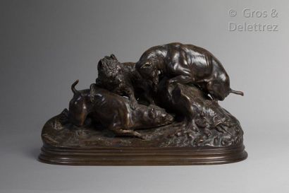 Pierre-Jules Mene (1810-1879) Chiens à l’arrêt près d’un terrier

Epreuve en bronze...