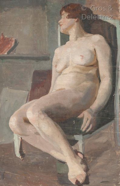 Attribué à ANDERSEN (XIXe-XXe siècle) Sitting naked, head pressed down 

Oil on canvas

91...