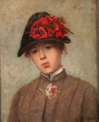 École Française de la seconde moitié du XIXe siècle Jeune femme au chapeau à fleurs rouges

Huile...