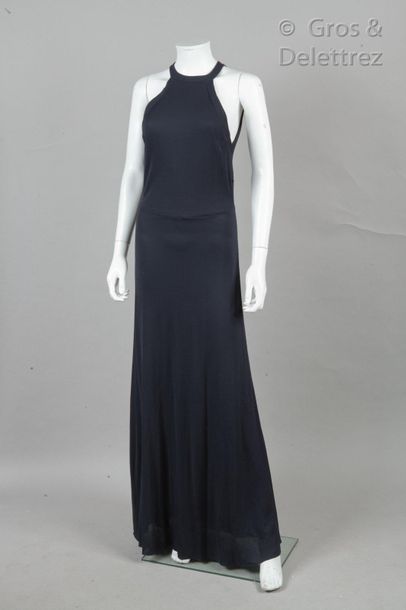 Giorgio ARMANI Navy silk crepe long dress, american neckline, back opening. Black...