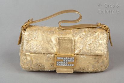 FENDI 26cm baguette bag in gold metallic nappa lambskin leather, embellished with...