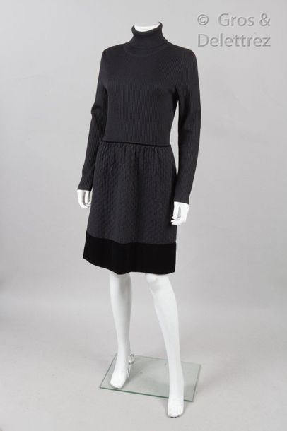 RED VALENTINO Black ribbed knit sweater dress, high collar, long sleeves, waist marked...