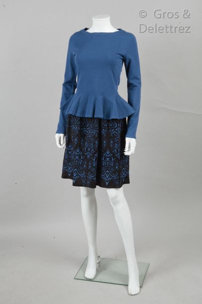 ALAÏA Set consisting of a hard blue stretch woollen basque top, round neckline, long...