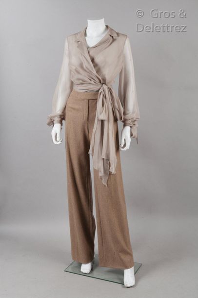VALENTINO Set consisting of a grey crepe mousseline blouse and beige pants in mottled...