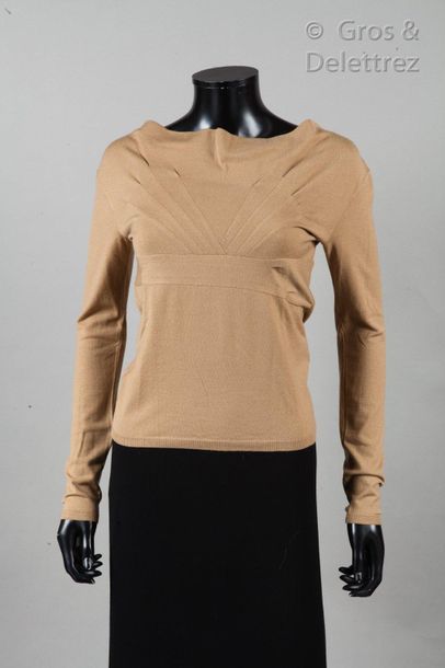 VALENTINO Sand mesh top, boat neckline, topstitching, long sleeves. White claw, black...