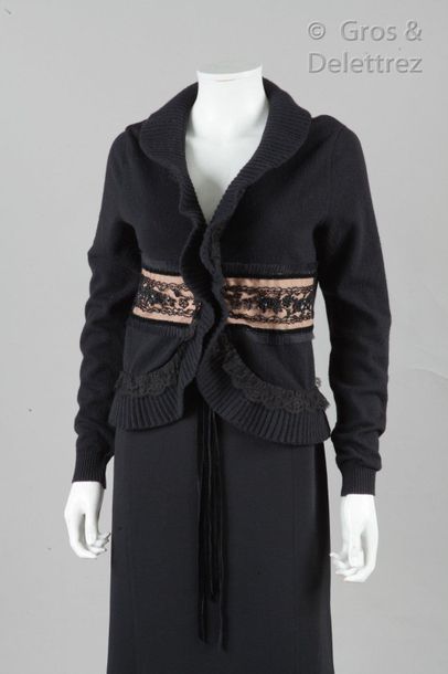 VALENTINO Cardigan en cachemire et laine noir, col châle, parementures volantées,...