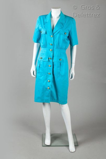 VALENTINO Miss V Circa 1990

Turquoise cotton dress, notched shawl collar, single...