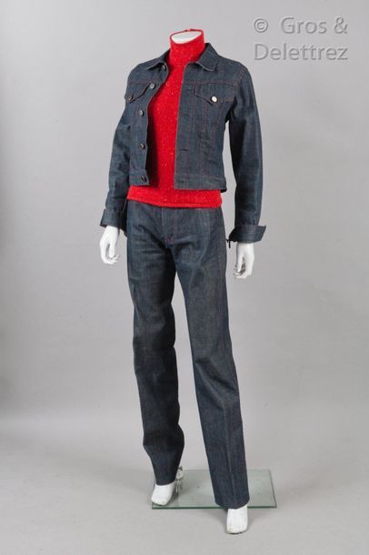 VALENTINO Set in raw denim with red stitching, composed of a short jacket, small...