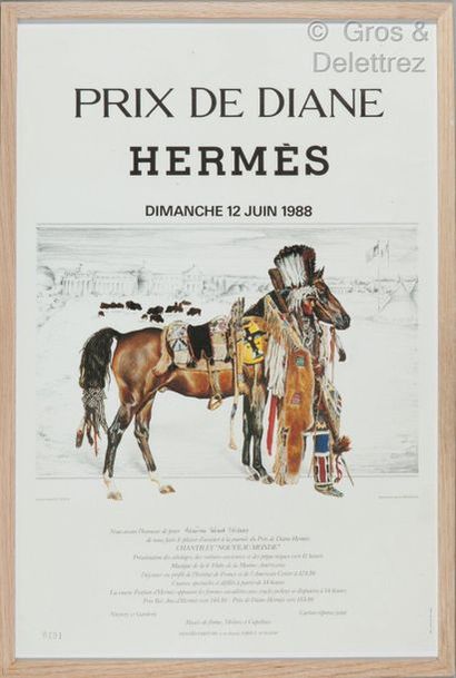 HERMES *Lot de cinq affiches encadrées et titrées du Prix de Diane Hermès : Dimanche...