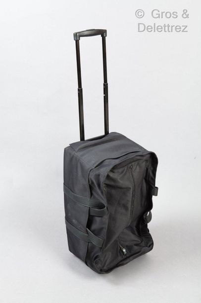 HERMES *Cabin case on wheels in polyester canvas with herringbone pattern and black...