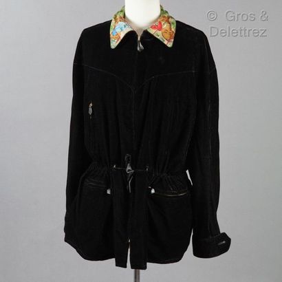 HERMES Paris *Reversible jacket in black velvet and silk twill printed and titled...