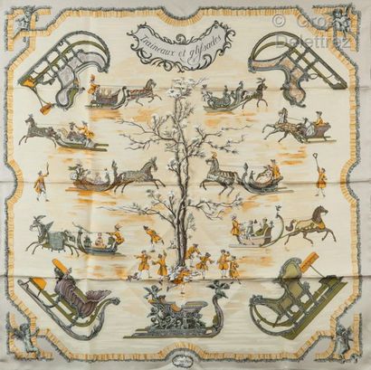 HERMÈS Paris made in France Printed silk twill square titled "Traineaux et glissades",...