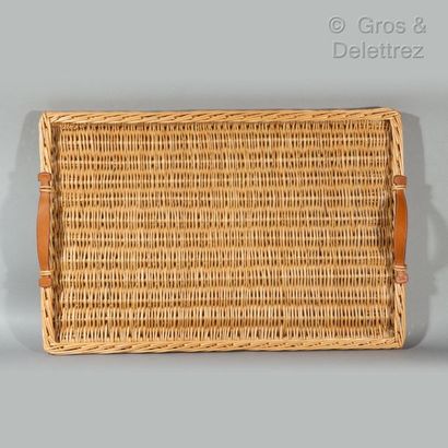 HERMÈS Paris made in France *Wicker tray, glass bottom, natural leather grips with...