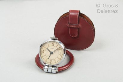 HERMÈS Paris Swiss made *Steel "Ring" clock, dial 56mm, Arabic numerals, toggle ring...