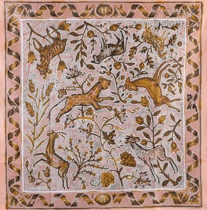 HERMES Paris *Silk printed square titled "Mosaic", light pink background. Good c...