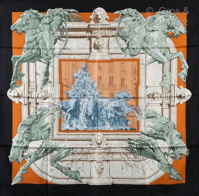 HERMÈS Paris made in France *Silk printed twill square titled "La Fontaine De Bartholdi",...