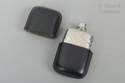 HERMES Paris *Silvered metal flask with black box cover. Good condition (slight ...