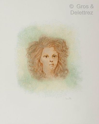 null Leonor FINI (1907-1996) Small hairy head Lithograph in colours signed lower...