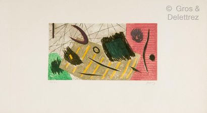 null Henri GOETZ (1909-1989) Composition au carré sur fond rayé jaune Gravure en...