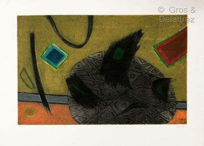 null Henri GOETZ (1909-1989) Composition abstraite Gravure en couleurs signée et...