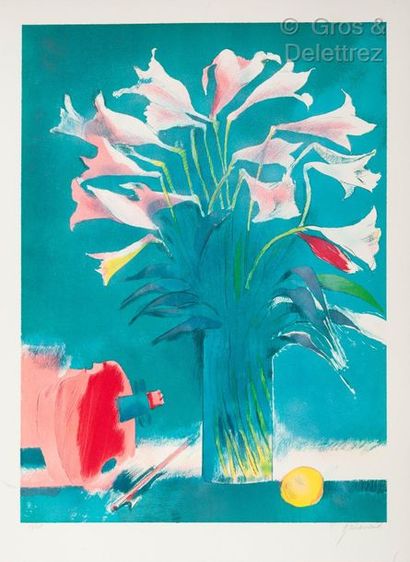 null Paul GUIRAMAND (1926-2007) Bouquet de lys sur fond bleu Lithographie en couleurs...
