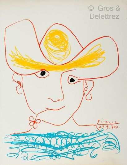 null PICASSO (1881-1973), d'après L’homme au chapeau jaune. 23 -09-1970 Lithographie...