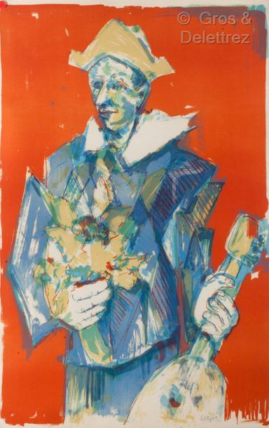 null Bernard LORJOU (1908-1986) 

Clown with a bouquet of flowers 

Colour lithography

Contresignée...