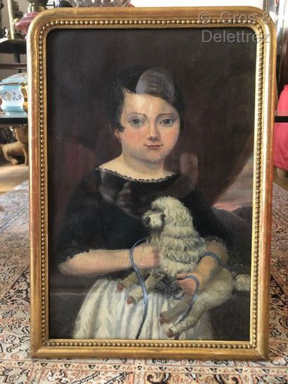 null Elégante huile sur toile représentant une enfant tenant un chien sur roulettes

Datant...