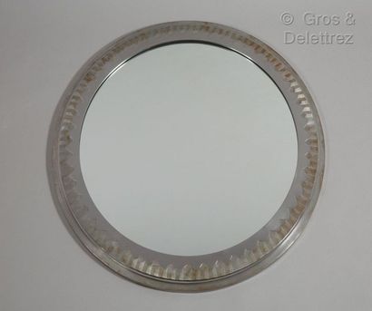 ADALBERT SZABO (1877-1961) Modernist bronze mirror with notched frame enclosing a...