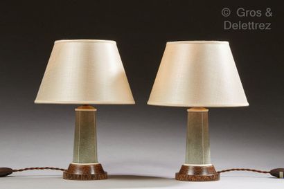 Clément ROUSSEAU (1872-1950) Pair of palm wood lamps in green shagreen sheathed with...