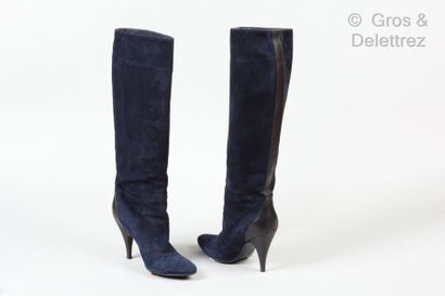 HERMES Paris made in Italy *Pair of "Favorite" boots in navy suede lambskin in black...