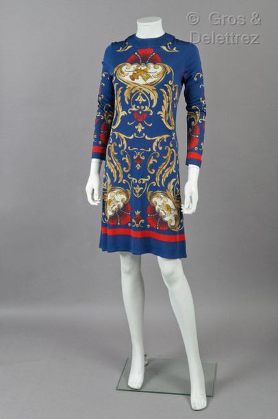 HERMÈS Paris made in France *Dress in stretch jersey printed on a navy background,...