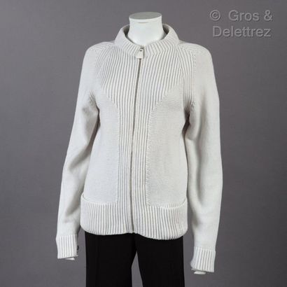 HERMES Paris made in Italy *White wool and cashmere zipped vest, partially ribbed,...