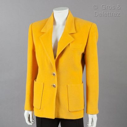 HERMÈS Paris made in France * Jacket in sunshine yellow woollen fabric, notched shawl...